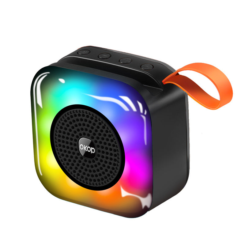 Portable black Bluetooth speaker with RGB lighting ring and carry handle