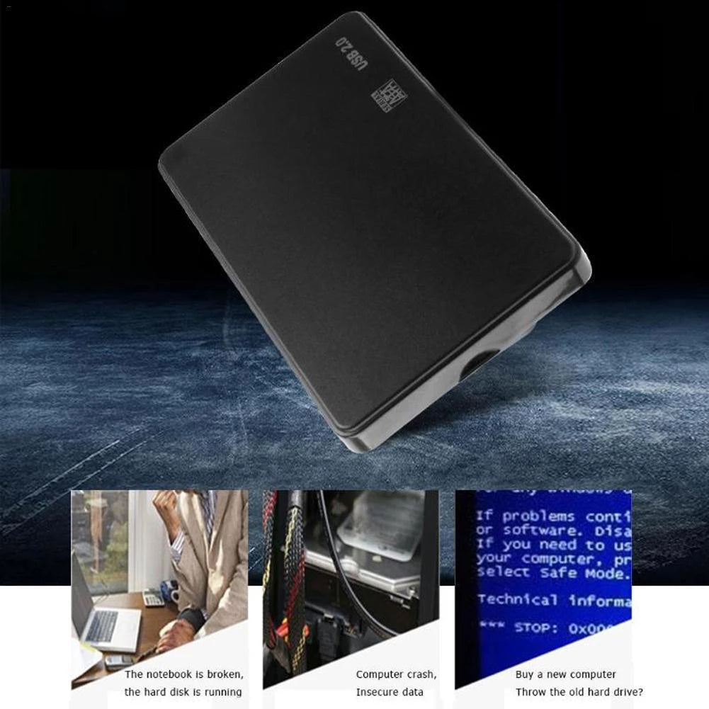 Slim black external hard drive with USB connection on a clean background